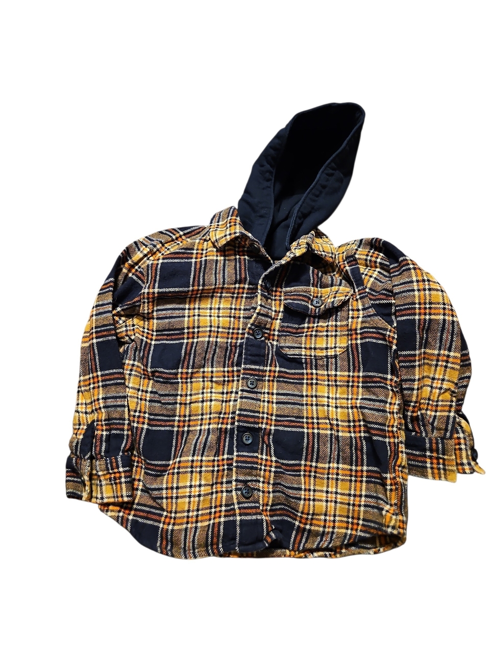 Yellow and Navy Plaid Hooded Flannel Shirt Jacket Old Navy Size 3t